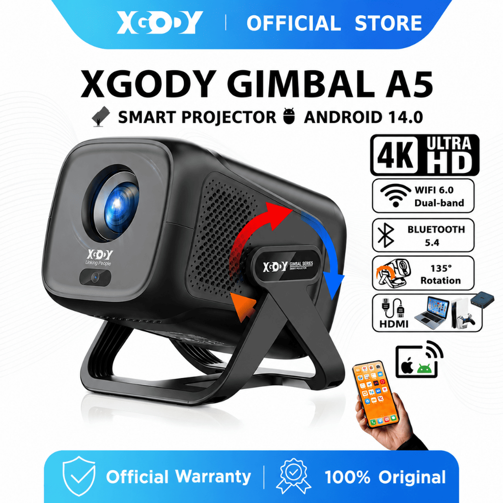 Projetor XGODY Gimbal A5 Para Telefone 4K Ultra HD 1080P TV 450ANSI Integrado YouTube/Netflix Android 11