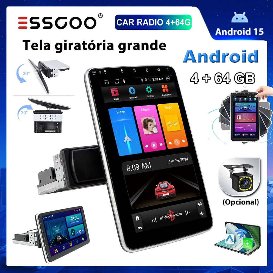 ESSGOO 1 DIN Multimídia MP5 Car Player Android 15 4 + 64GB CarPlay E Auto 360 Rotativo 10.1 Polegadas 2.5D IPS Tela Mirr