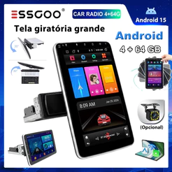 ESSGOO 1 DIN Multimídia MP5 Car Player Android 15 4 + 64GB CarPlay E Auto 360 Rotativo 10.1 Polegadas 2.5D IPS Tela Mirr