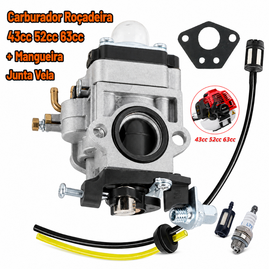Carburador Roçadeira 43cc 52cc 63cc + Mangueira Junta Vela