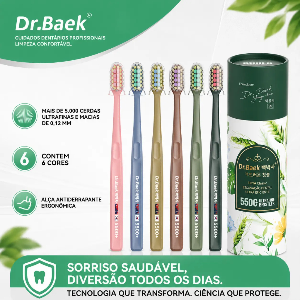 Dr.Baek Escova de Dente,Kit 6 Unidades + Capa Protetora, Design Ergonômico, Embalagem para Presente