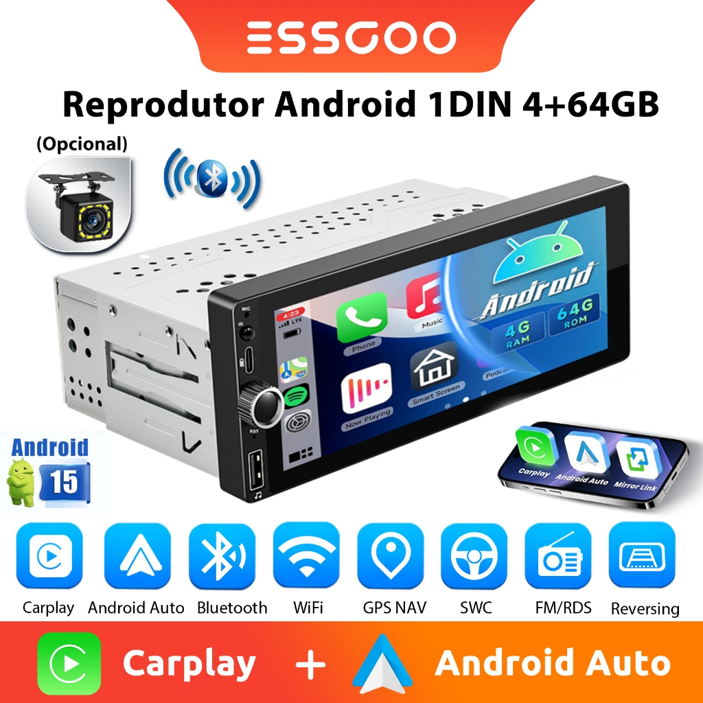 ESSGOO 6.86 " 1 Din Android 15 Carro Estéreo Carplay Auto 4 + 64GB Tela De Toque MP5 Jogador Do Suporte GPS Espelho link