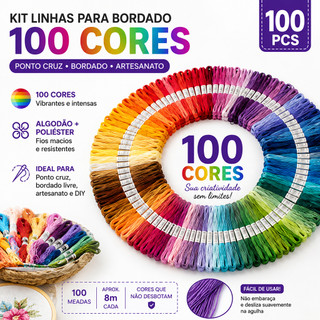 Kit 100 Meadas de Linhas de Bordado Ponto Cruz Artesanato Fio Poliéster algodão