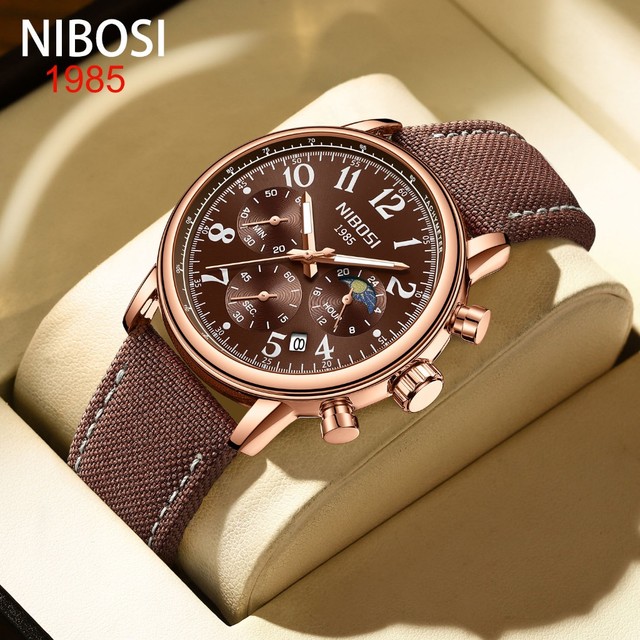 NIBOSI Relógio masculino Fashion empresarial com cinto marrom relógio de quartzo à prova d'água