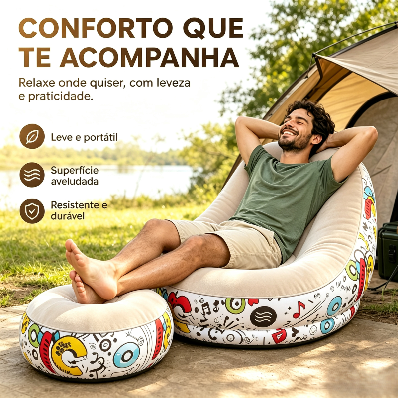 Sofá Inflável de Lazer com Puff Incluso Bomba de Ar Integrada Perfeito para Uso Interno e Externo Ideal para Camping