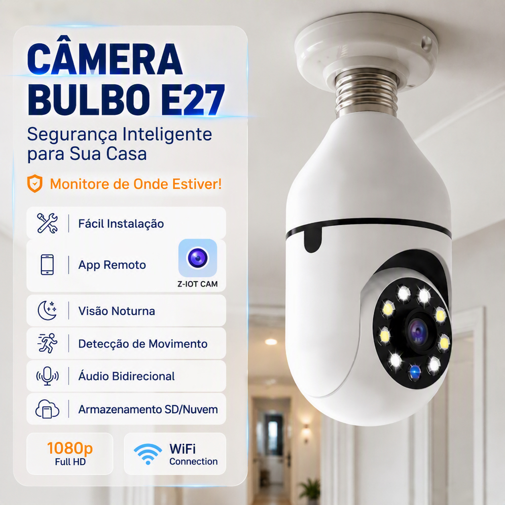 Câmera Lâmpada WiFi Soquete E27 360° Full HD 1080p Câmera de Segurança Doméstica Visão Noturna Áudio Microfone Embutido