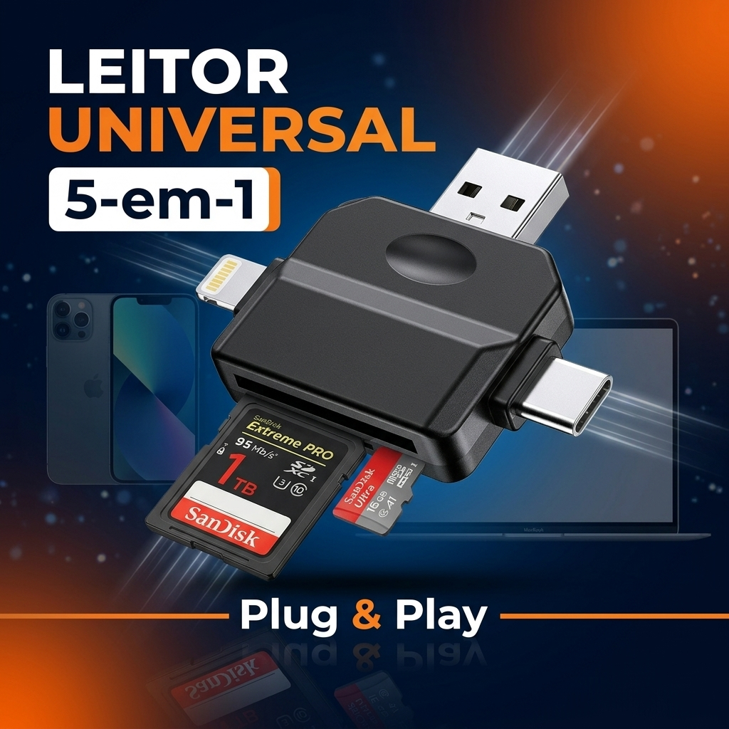 Leitor de Cartão USB 2.0 Multi‑Cartão, Leitura SD e TF, Compatível com Câmeras Sony Canon, Celular e Computador