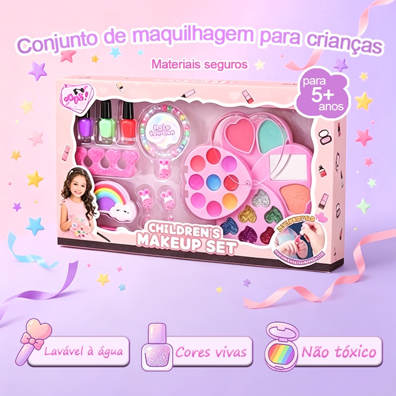 Conjunto de Maquiagem Infantil Lavável em Maleta, Brinquedo de Maquiagem Seguro para Meninas Não Tóxico