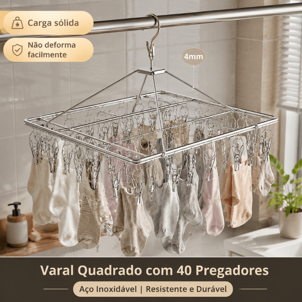 Varal Suspenso Aço Inox 40 Clipes Antiderrapante Ideal para Lavanderia Apartamento