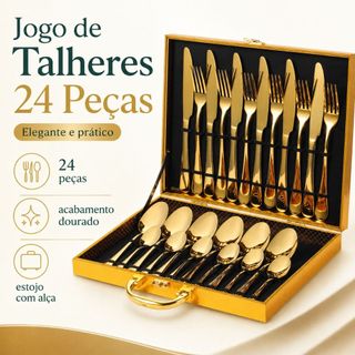 Jogo Talheres 24 Peças Faqueiro Dourado Aço Inox Premium Luxo cozinha Com Maleta