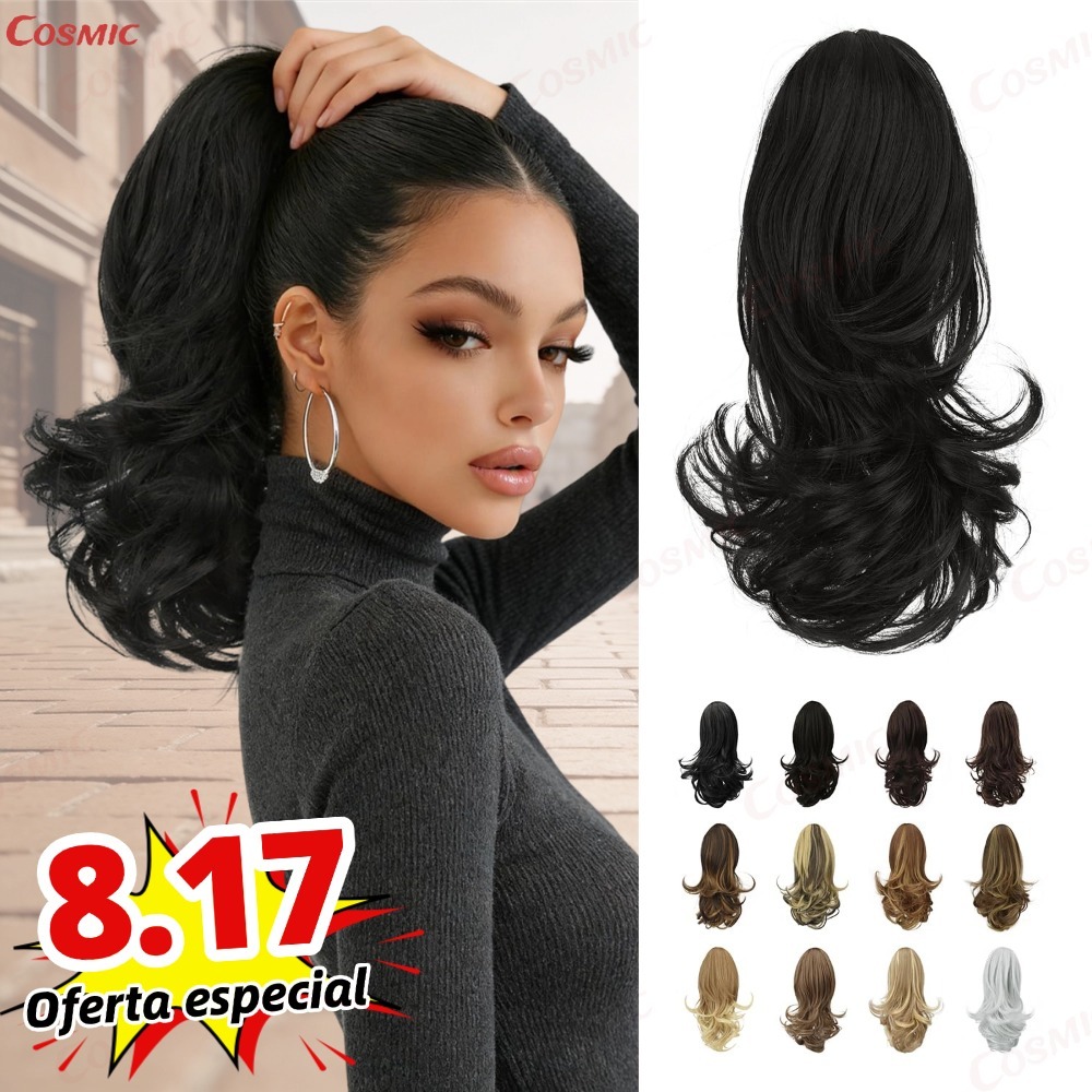 Extensão de Cabelo Sintético 28cm Curto Encaracolado Rabo de Cavalo Garra Clipe Aumenta Volume Marrom Preto-CO