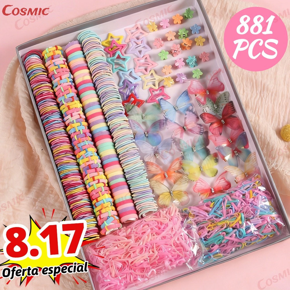 Kit de Acessórios para Cabelo Infantil 881 Peças |Elastas+Presilha de cabelo de borboleta,Presente, Spree, Conjunto
