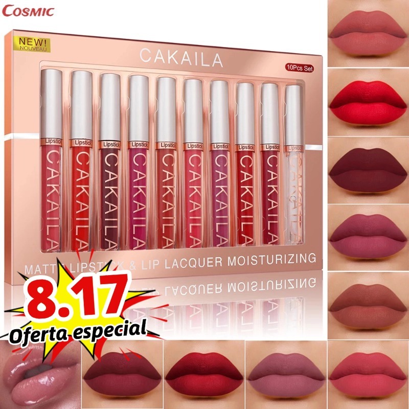 Conjunto de 10 batons líquidos matte, longa duração de 24 horas, à prova d'água, não transfere e é à prova de copos-CO