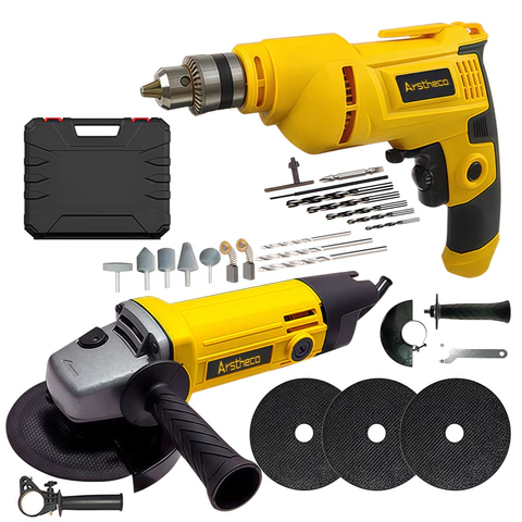 【110/220V】Kit Furadeira de Impacto 115mm e Esmerilhadeira Angular 900W e caixa plástica Com Acessórios