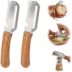 Descascador De Vegetais Multifuncional 3 Em 1 Lâmina De Aço Inoxidável Cabo De Madeira Abridor De Garrafas Ferramenta De