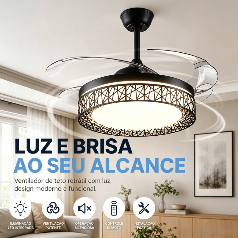 Ventilador de Teto Retrátil com Luz LED Integrada Controle Remoto, Silencioso Bivolt Ideal para Sala Quarto e Cozinha