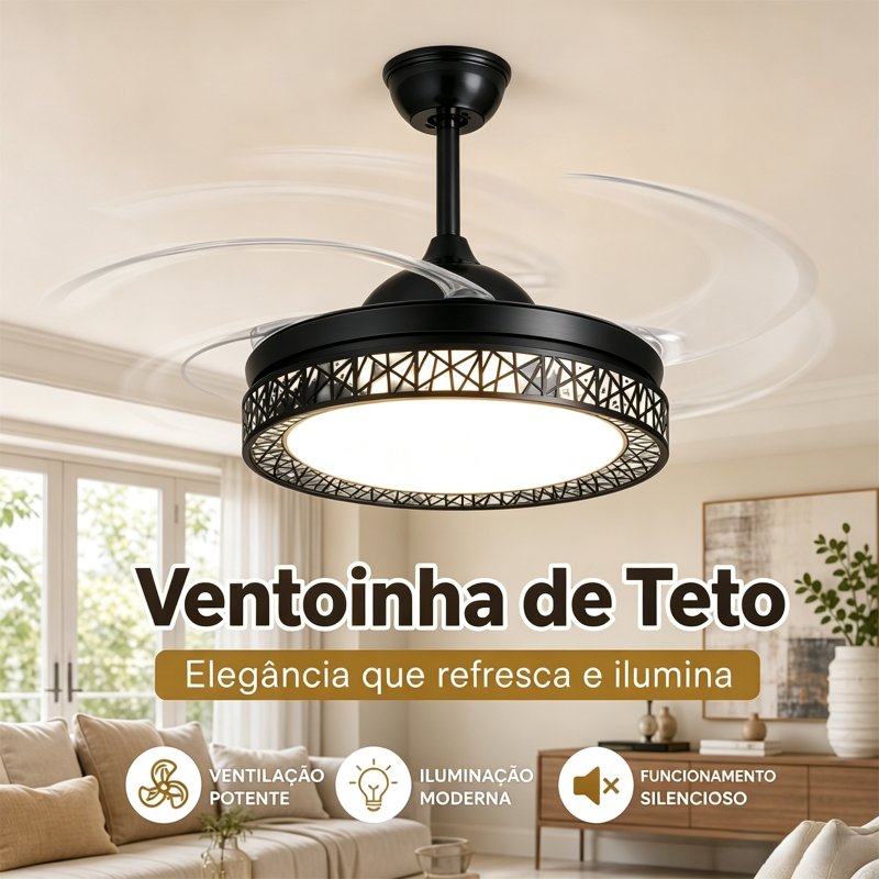Ventilador de Teto Retrátil com Luz LED Integrada, Controle Remoto Silencioso Bivolt, Bivolt, Para Sala e Quarto