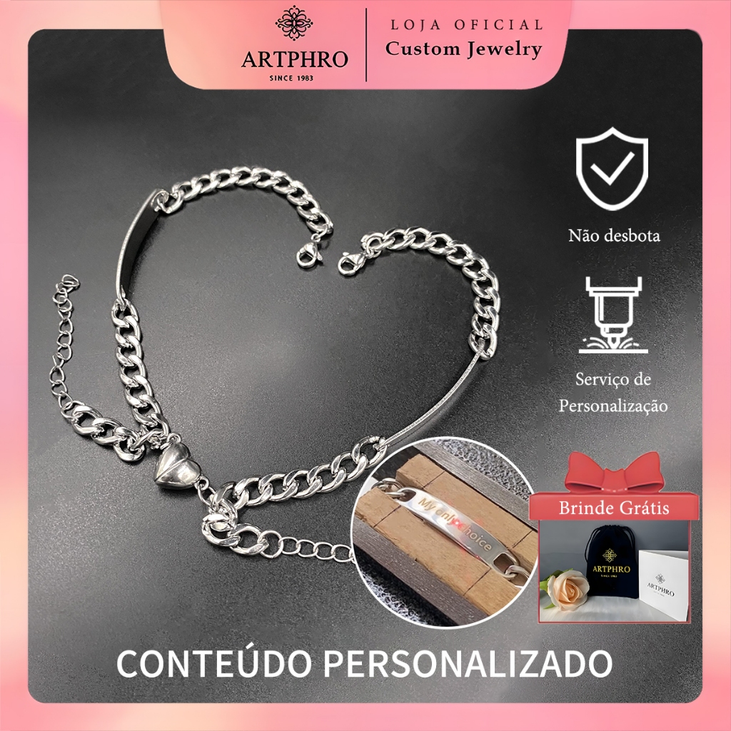 ARTPHRO Pulseira Magnética de Coração para Casal, Gravação Personalizada Grátis, Presente Romântico