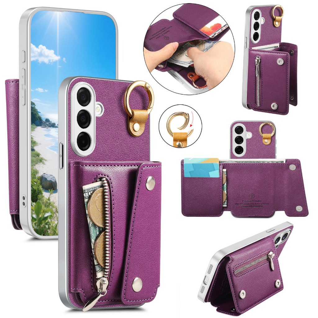 Capa De Telefone De Couro Carteira Com Zíper Para Samsung Galaxy A57 A56 A55 A54
