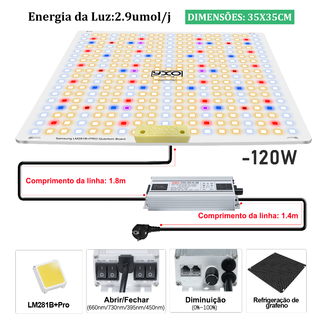 Luminária de Cultivo LED 85W 120W 180W lm281b Painel Quantum/Ventilador Espectro Completo Ajustável para Plantas Indoor
