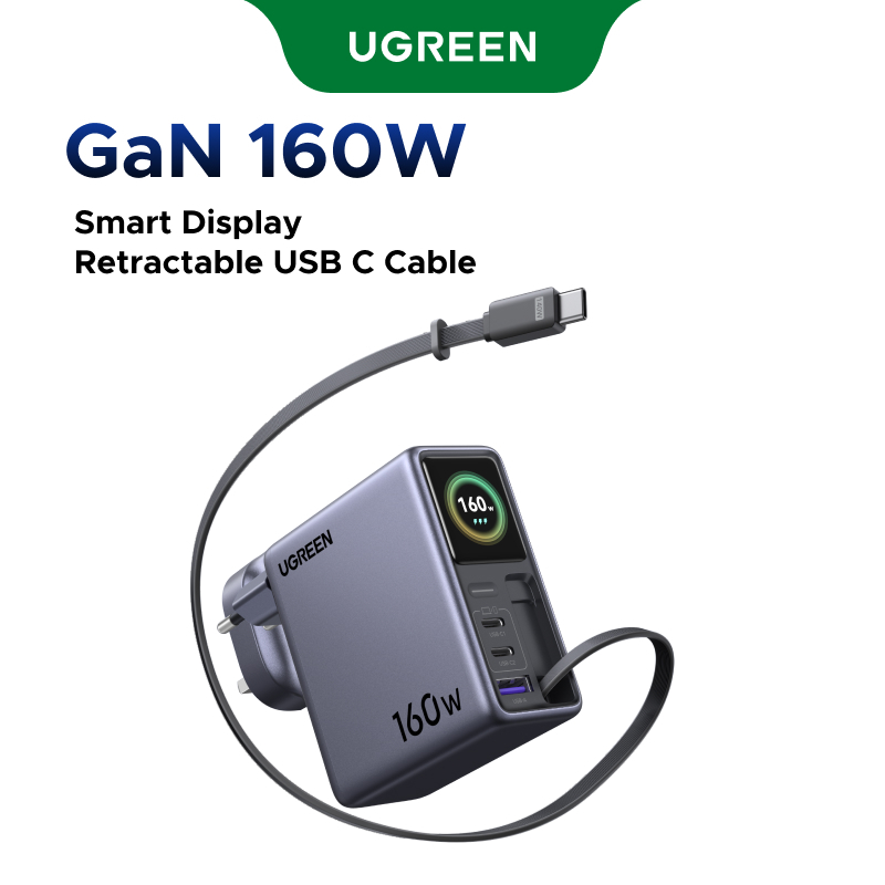 Carregador Rápido Retrátil UGREEN 160W GaN Ue (USB-C * 2/A * 1)