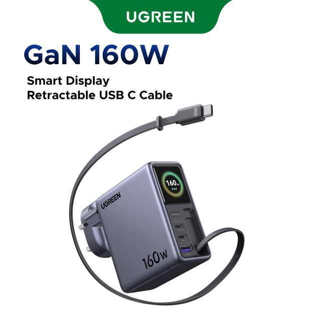 Carregador Rápido Retrátil UGREEN 160W GaN Ue (USB-C * 2/A * 1)
