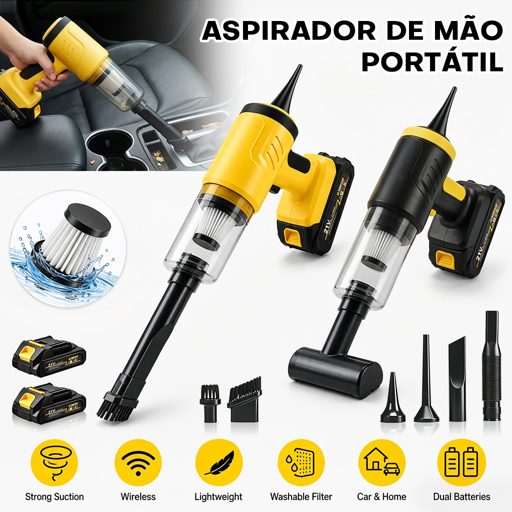 Aspirador de Mão Sem Fio Portátil Kit 7 em 1 Multifuncional 2 Baterias Seco e Úmido Soprar e Aspirar Carro e Casa