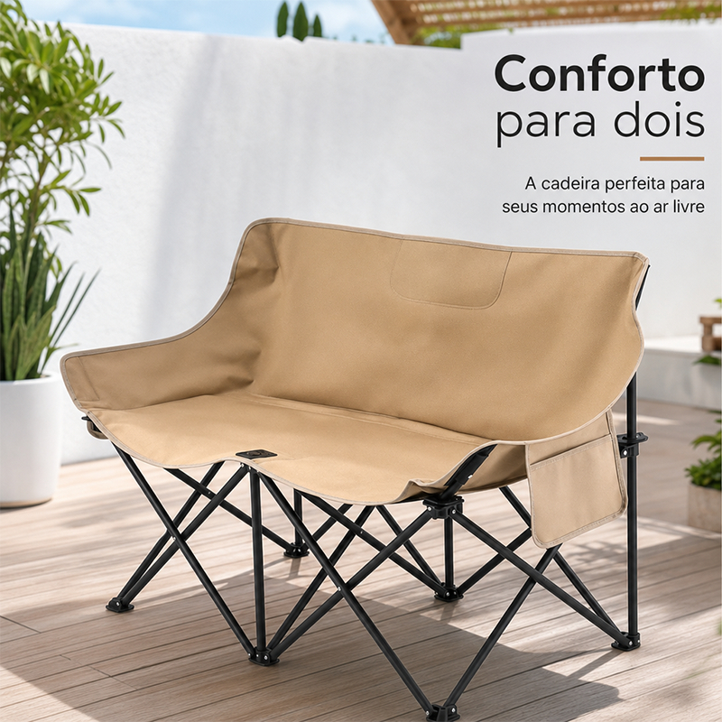 Cadeira Dobrável Dupla Casal Reforçada Oxford 600D, Acolchoada Portátil com Porta Copos para Camping Praia e Pesca