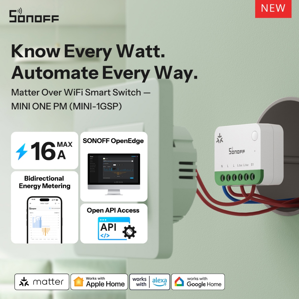 SONOFF MINI-1GSP ONE PM Matter Over WiFi Smart Switch Proteção De Segurança Aprimorada Sobrecarga 16A Monitoramento De E