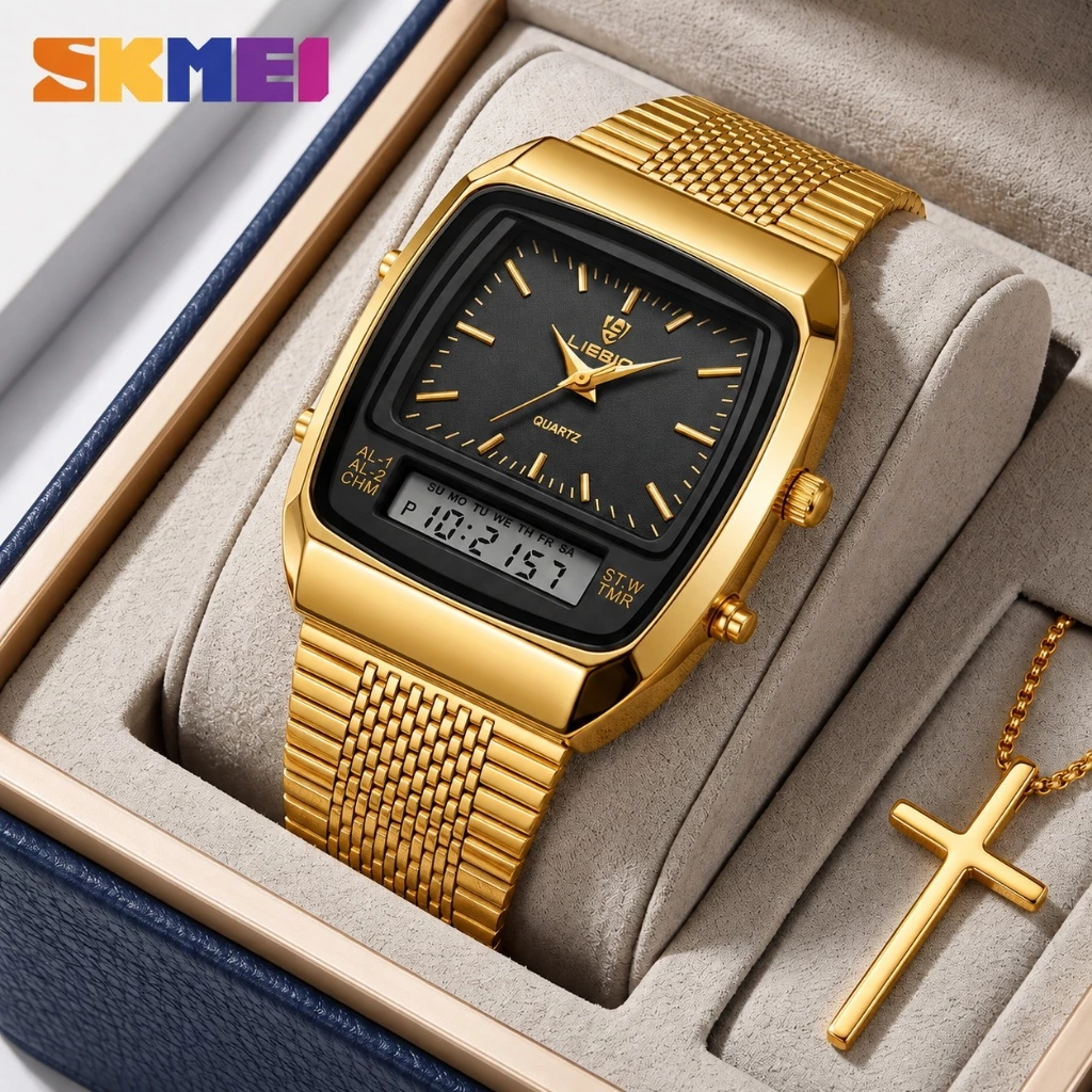 SKMEI Relógio Masculino Vintage Quadrado Analógico Digital Dourado Aço Inoxidável Quartzo Retrô