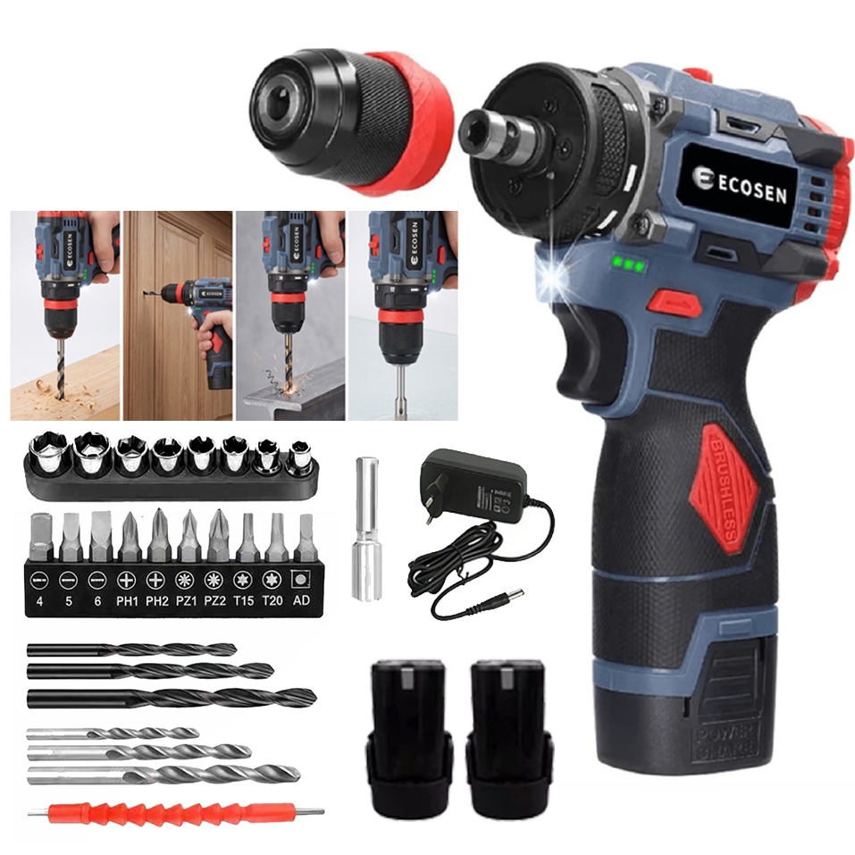 ECOSEN Furadeira Parafusadeira Troca Rápida 16,8V e 21V Kit 2 Baterias, Bivolt, Bits, Extensor e 6 Brocas