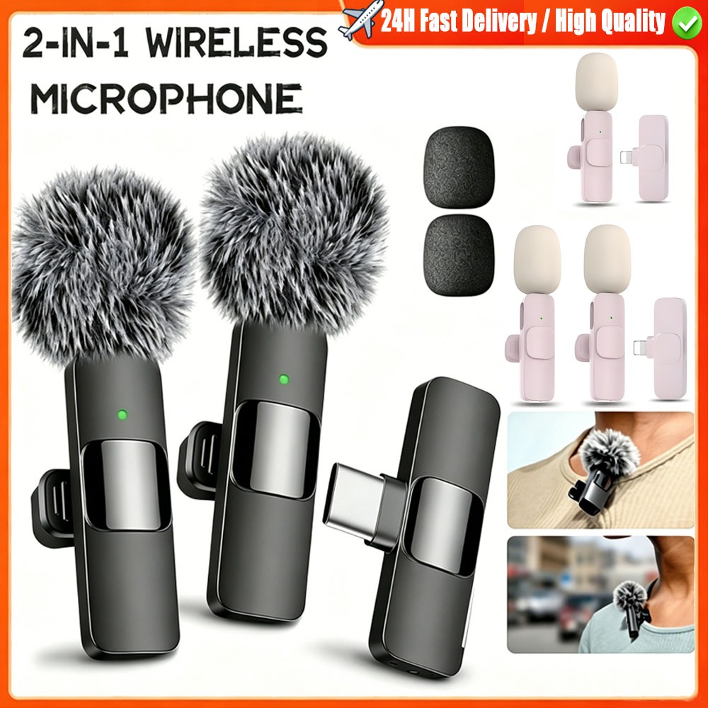 Microfone De Lapela Sem Fio 2.4G Com Pára-Brisa Peludo | Cancelamento De Ruído Conecte E Jogue Para iPhone/Android/Table