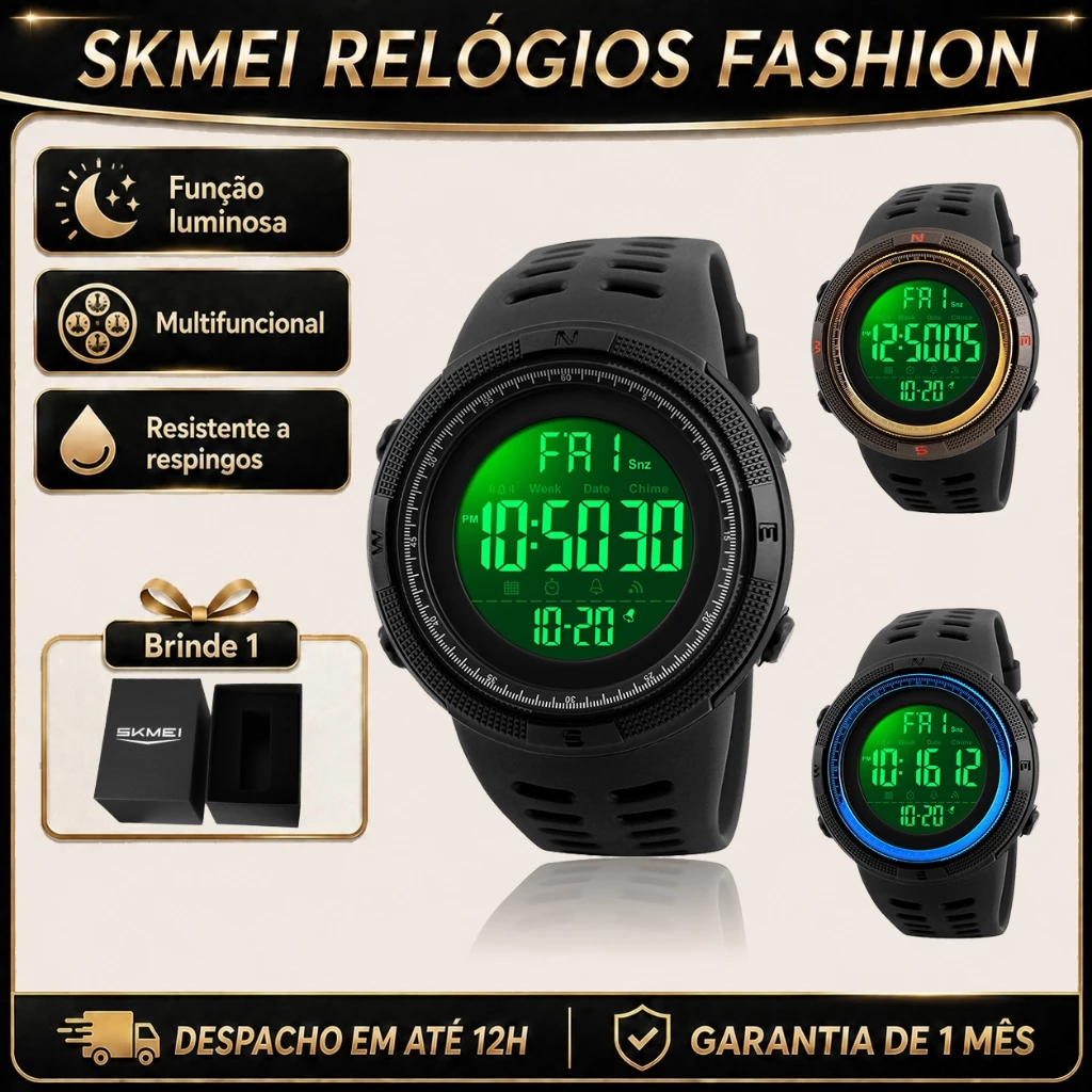 SKMEI Relógio Masculino Digital Esportivo 50M Resistente à Água para Natação Cronômetro Alarme Luz EL Preto