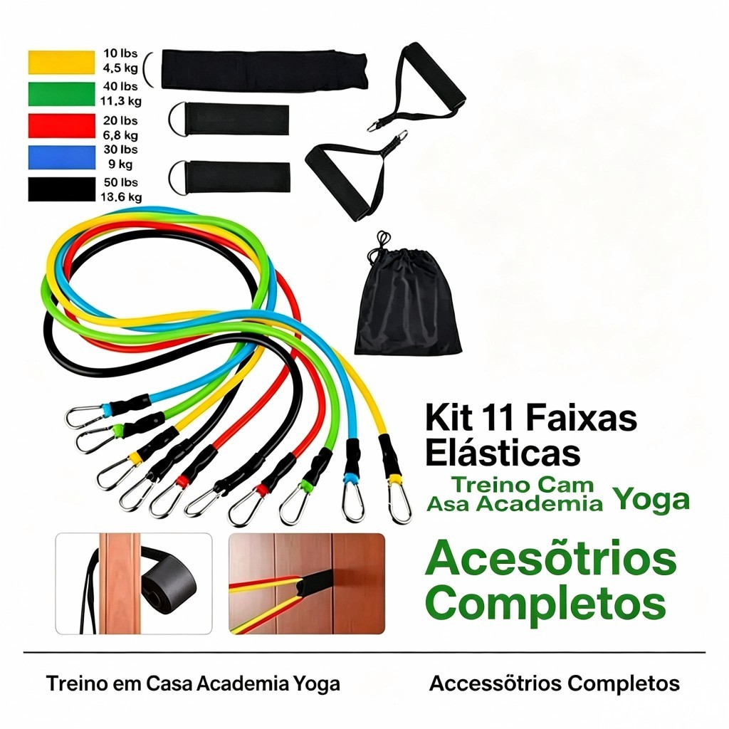 Kit Elástico Extensor 11 Peças Treino em Casa Musculação Força Academia Exercício Funcional Equipamento Fitness