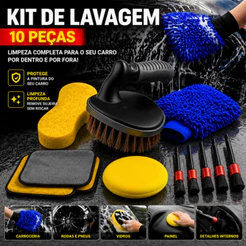 Kit 10 Peças Lavagem Automotiva Esponja + Escova de Pneu + Flanela + Aplicador de Cera + Luva Microfibra + Kit Pincel