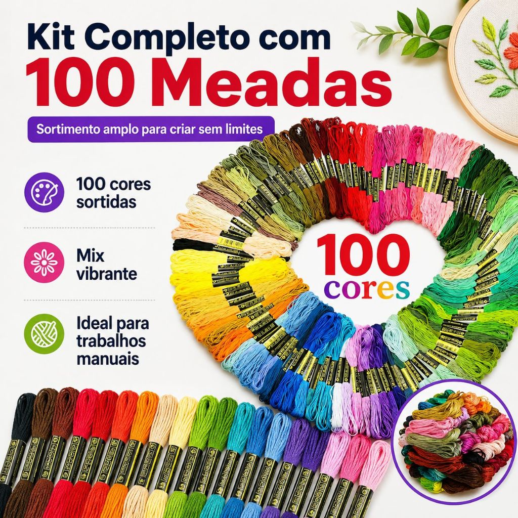 Kit 100 Meadas Linha de Bordado Ponto Cruz Fio Poliéster Algodão Artesanato DIY Decoração Manual