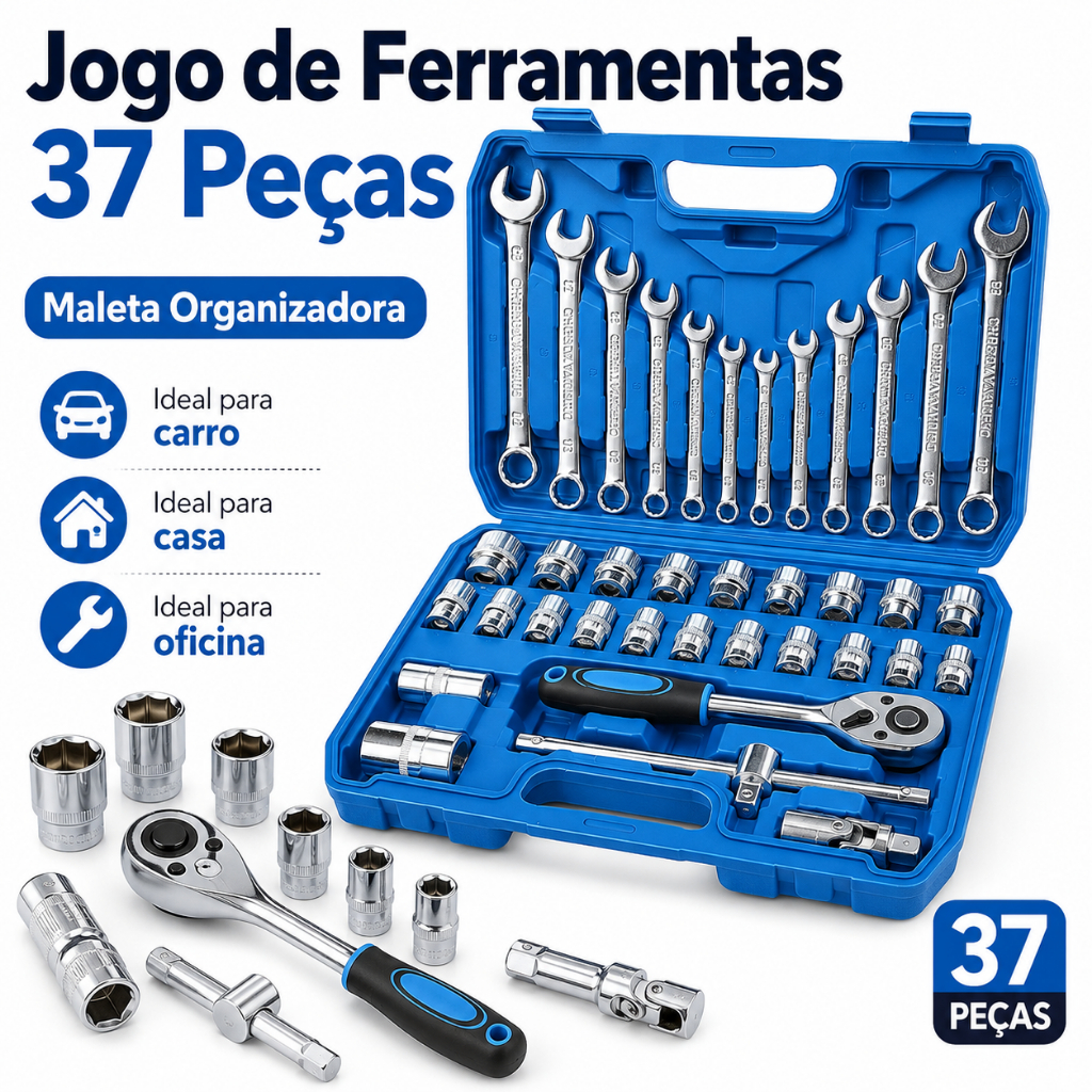 Kit Ferramentas 37 Peças Profissional Jogo Chave Combinada Soquetes e Catraca Reparo Automotivo Mecânica Geral