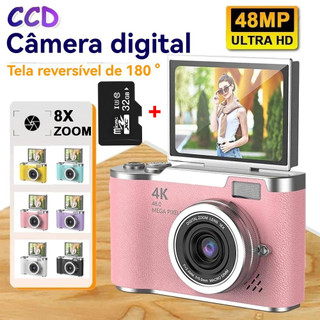 Câmera digital 4K CCD com zoom óptico de 8x, cartão de memória de 32 GB, ideal para fotografia estudantil.