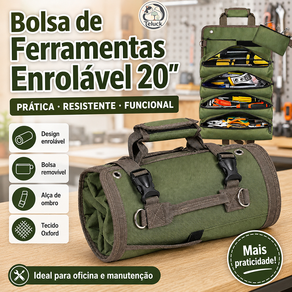 Bolsa de Ferramentas Enrolável 20 Pol Tecido Oxford Organizador Portátil com Alça Verde