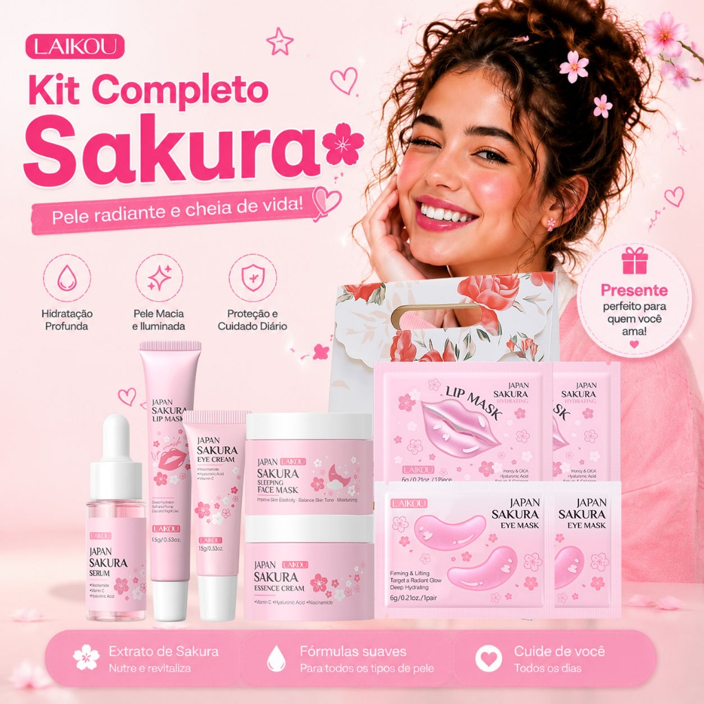 LAIKOU Sakura Beauty Kit Rotina Completa Para Cuidados Com A Pele-Coleção Iluminadora E Hidratante , Antienvelhecimento