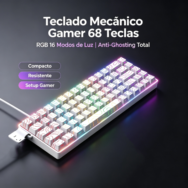 Teclado Mecânico Para Jogos De 68 Teclas , Modos De Iluminação RGB 16 , Anti-Ghosting , USB Compacto E Escritório