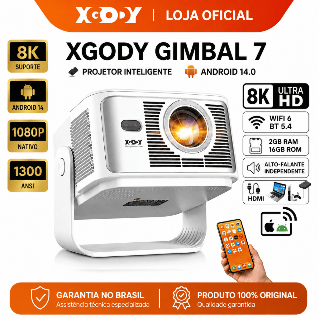 Projetor Portátil XGODY Gimbal 7 4K 8K, 1300 ANSI, Android 14, Foco e Correção Automática, WiFi 6, BT 5.4