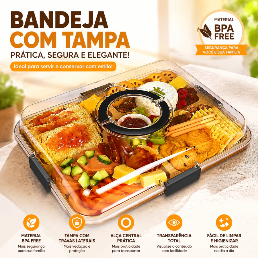 Petisqueira de Bambu 6 Divisórias 37x29cm -Tampa Acrílica com Travas, Para Festas e Churrasco
