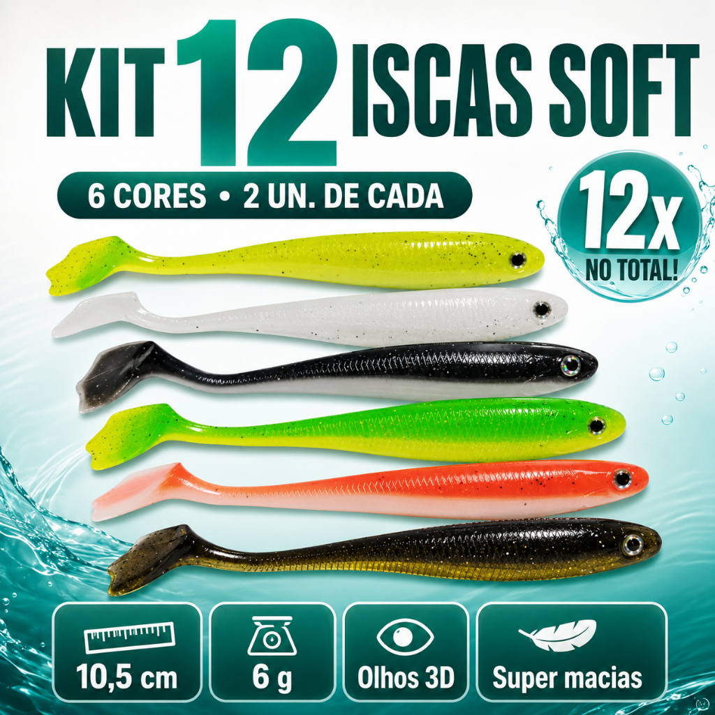 Kit 12 Isca Artificial Soft Shad 10cm 6g Pesca Tucunaré Traira Robalo Dourado Tralha de Ouro