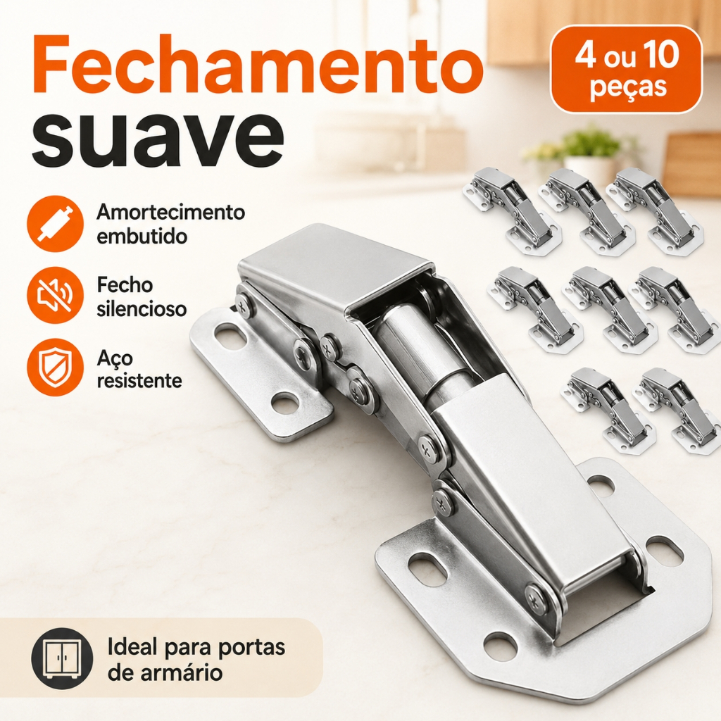 Kit 10 Dobradiças para Armário 90 Graus com Amortecimento Soft Close Gaveta e Porta