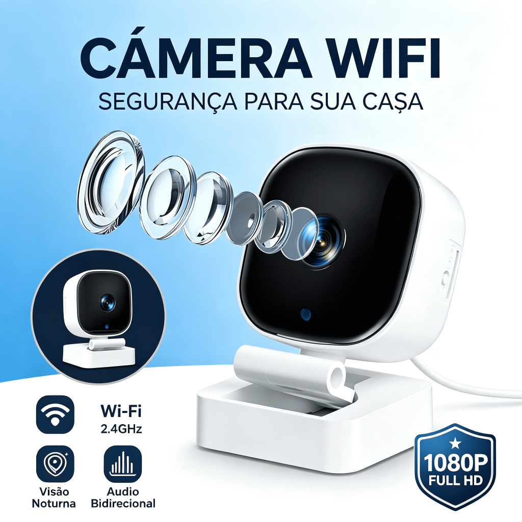 Câmera Babá Eletrônica Wi‑Fi Interna 1080P Full HD Visão Noturna Colorida Áudio Bidirecional Detecção de Movimento