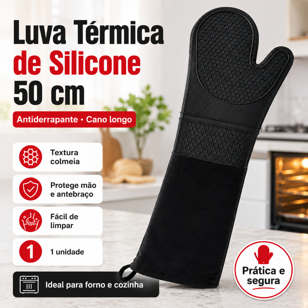 Luva Térmica de Silicone 50cm Antiderrapante para Forno Cozinha 1 Unidade