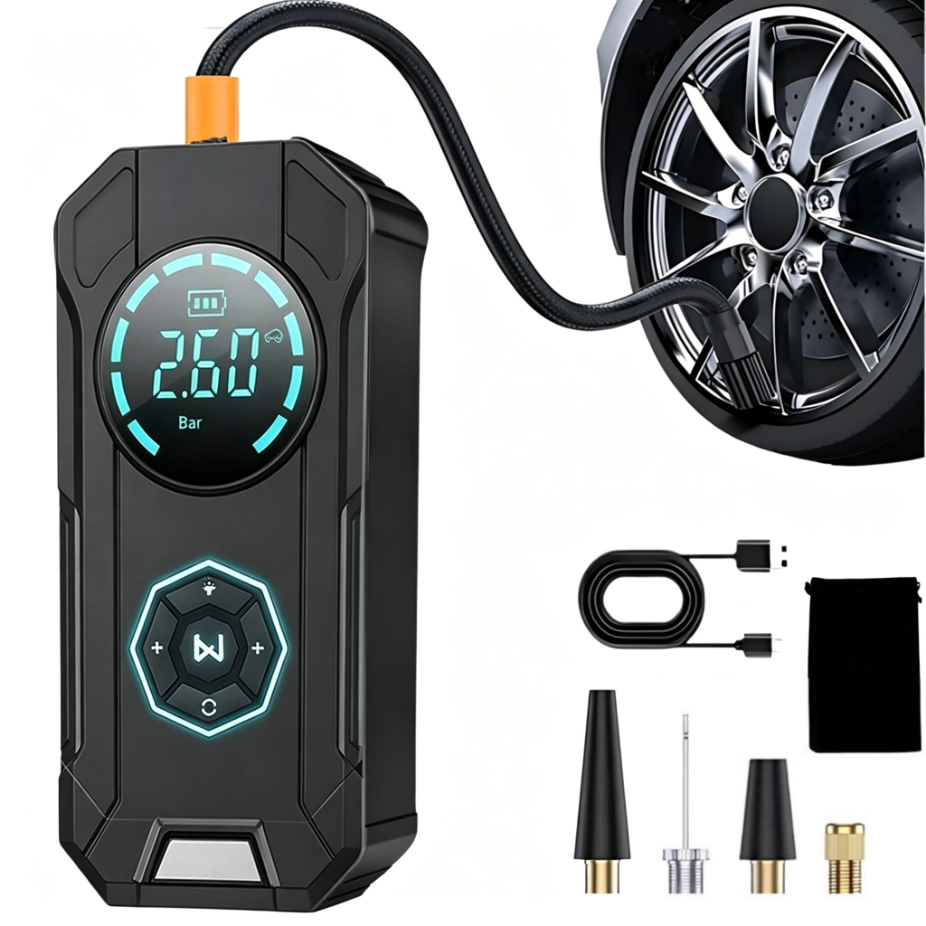 Compressor de Ar Portátil Digital Recarregável USB-C, Calibrador Profissional para Pneus Automotivos