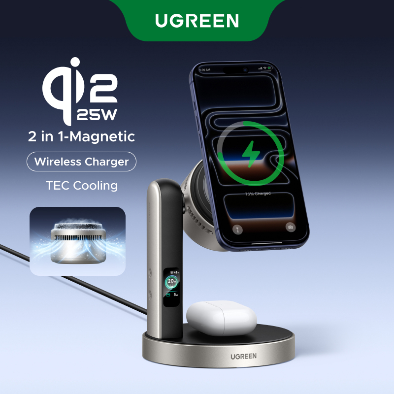 UGREEN Carregador Qi2 25W 2 em 1 com Ventoinha, Tela Inteligente, Ímã Forte para