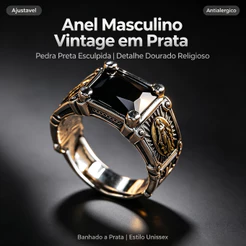 Anel Masculino Vintage Banhado a Prata Pedra Preta Detalhe Dourado Religioso Ajustável